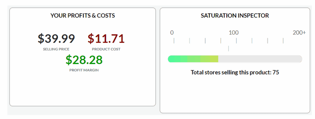 Profit, costs and saturation inspector of Ecomhunt