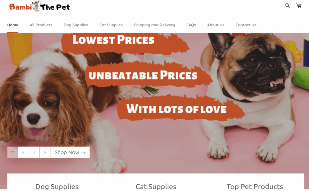 Exemples de magasins de vente de niche de produits pour animaux de compagnie: Bambi The Pet