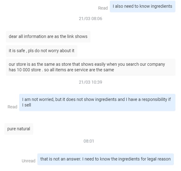 Ejemplo de conversación con un proveedor de AliExpress