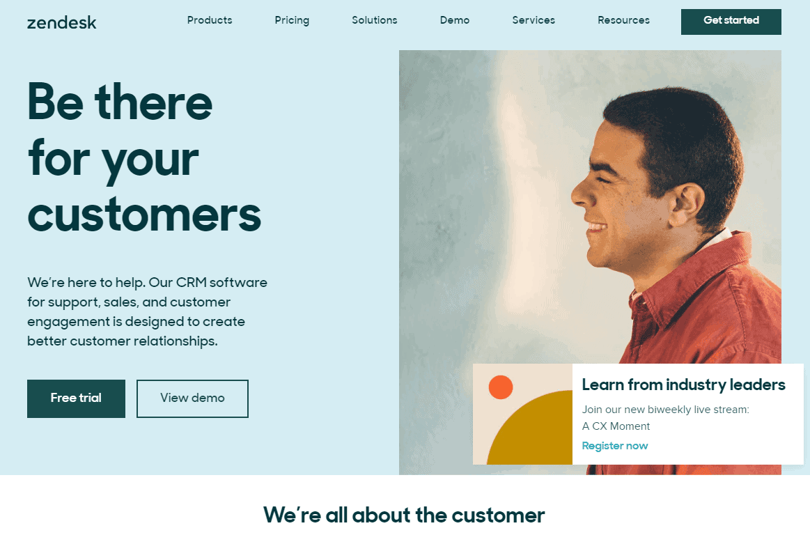 Zendesk homepage promoting CRM software for customer support, sales, and engagement