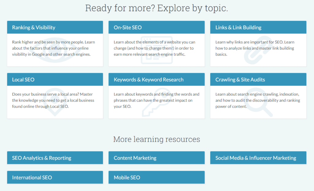 Captura de pantalla de todos los temas que cubren en su Centro de aprendizaje de SEO
