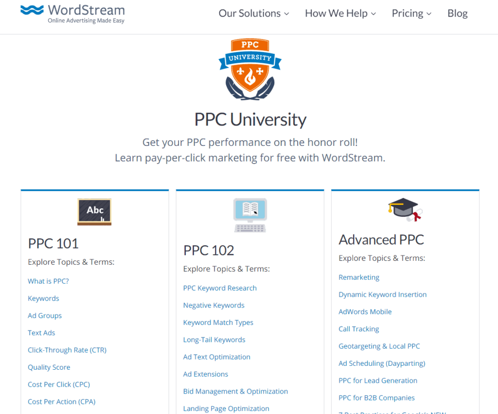 Captura de pantalla de la Universidad PPC por WordStream