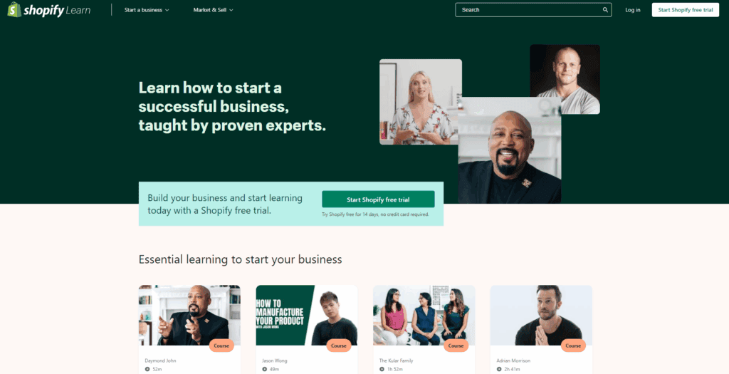 Homepage of Shopify Learn