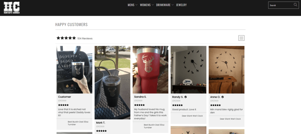 Shopify Review page example: Hunter's Corner Collection