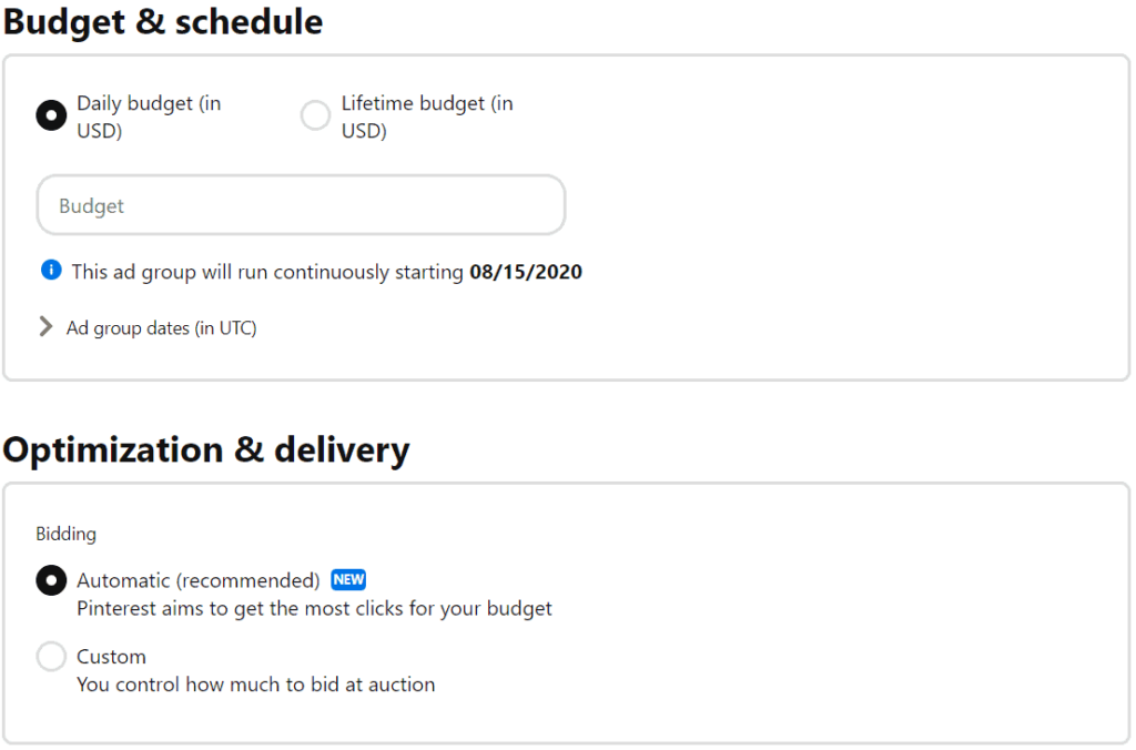 Pinterest ad budget, schedule, optimization and delivery