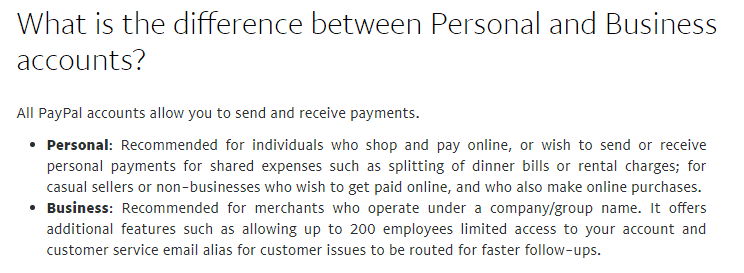 Explanation of the difference between a personal and business PayPal account