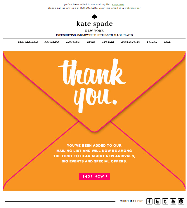 Kate Spade e-mail de agradecimento por se inscrever