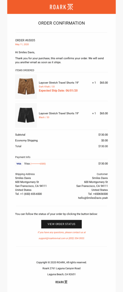 roark email confirmation order receipt