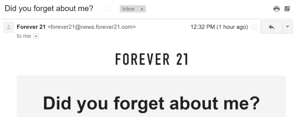 Forever 21 cart abandonment email subject line