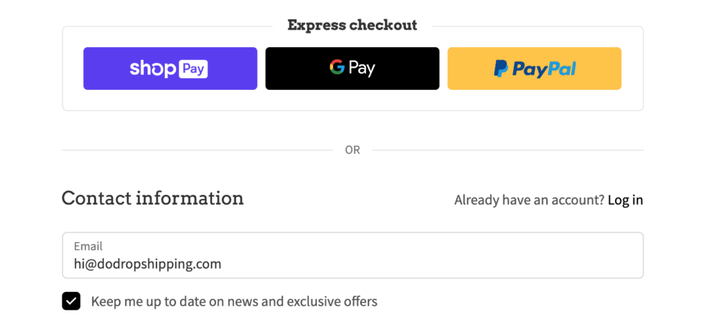 Shopify email address for checkout