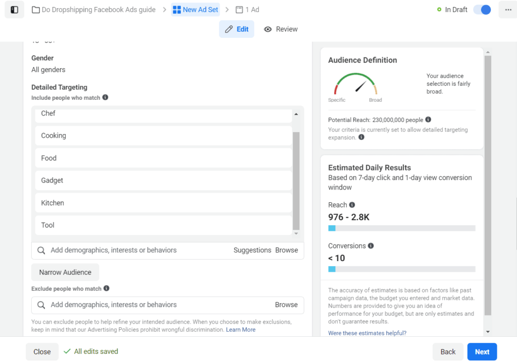 Facebook Ads interest targeting example cooking