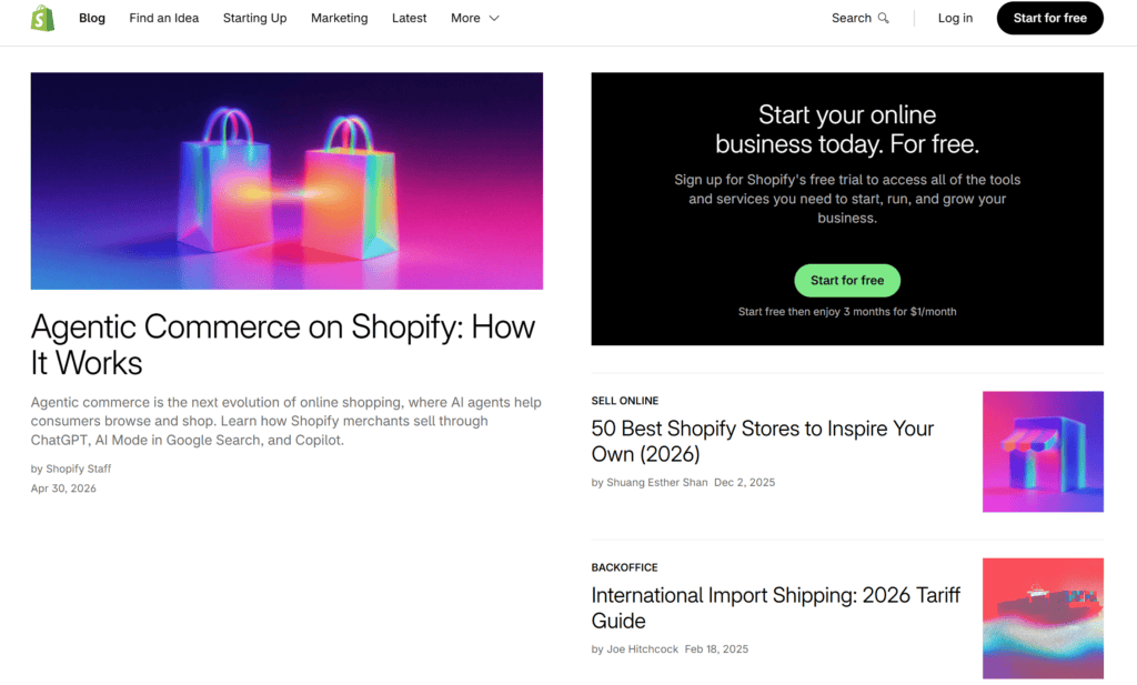 Blog page of Shopify