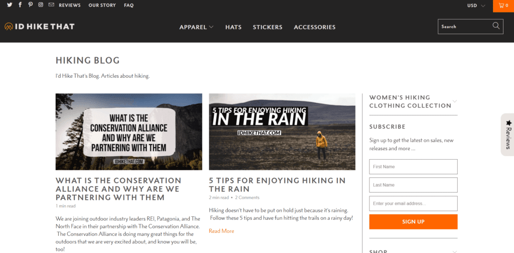 Ecommerce blog example hiking niche