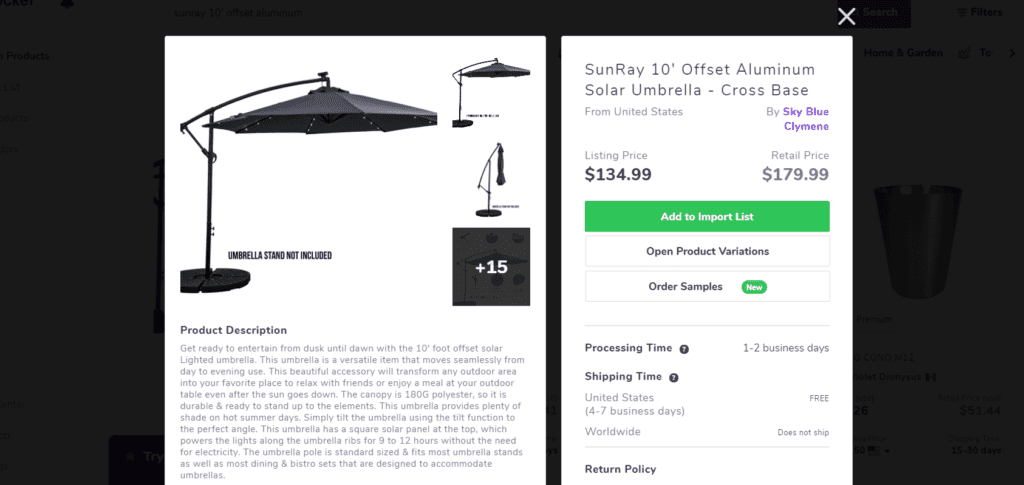 Aluminum solar umbrella high-ticket dropshipping product example