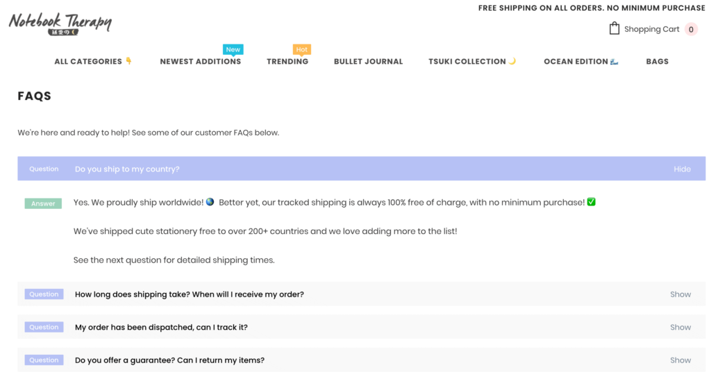 Example of a FAQs page