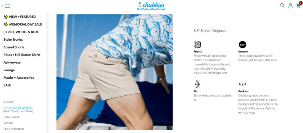 Chubbies exemplo de descrição do produto ecommerce