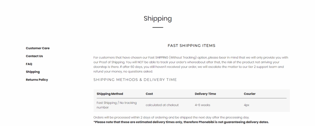 Phonebibi shipping page