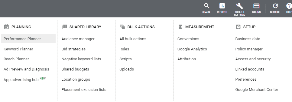 An image showing how to find the keyword planner on the Google ads platform