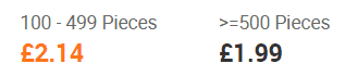 An example of price ranges offered with suppliers requesting MOQ's