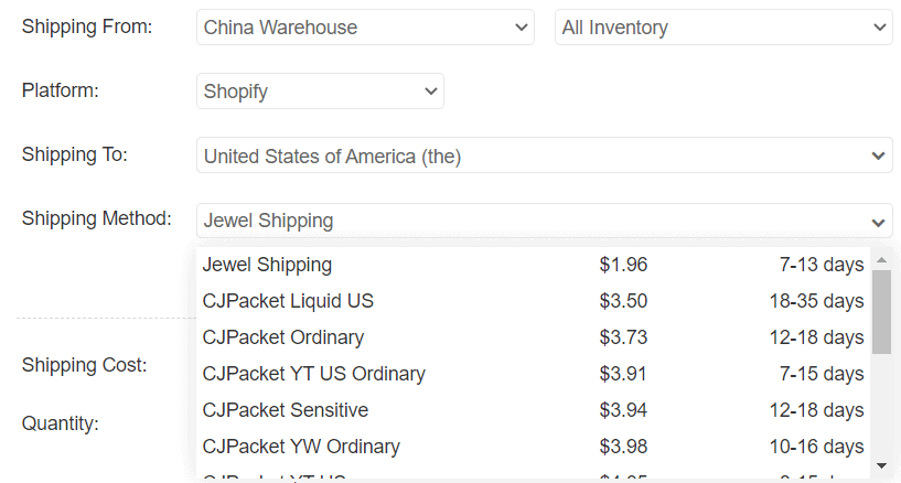 Shipping options on CJdropshipping