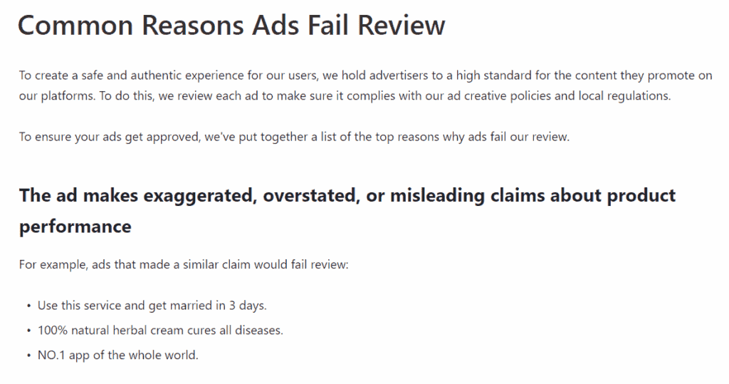 TikTok common reasons ads fail review