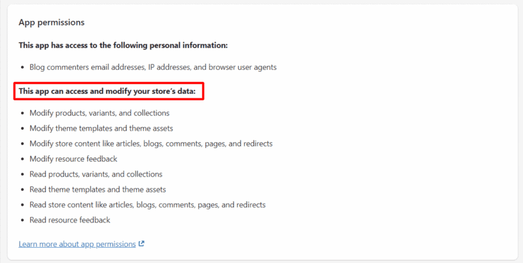 Shopify third-party app access and modify your store's data