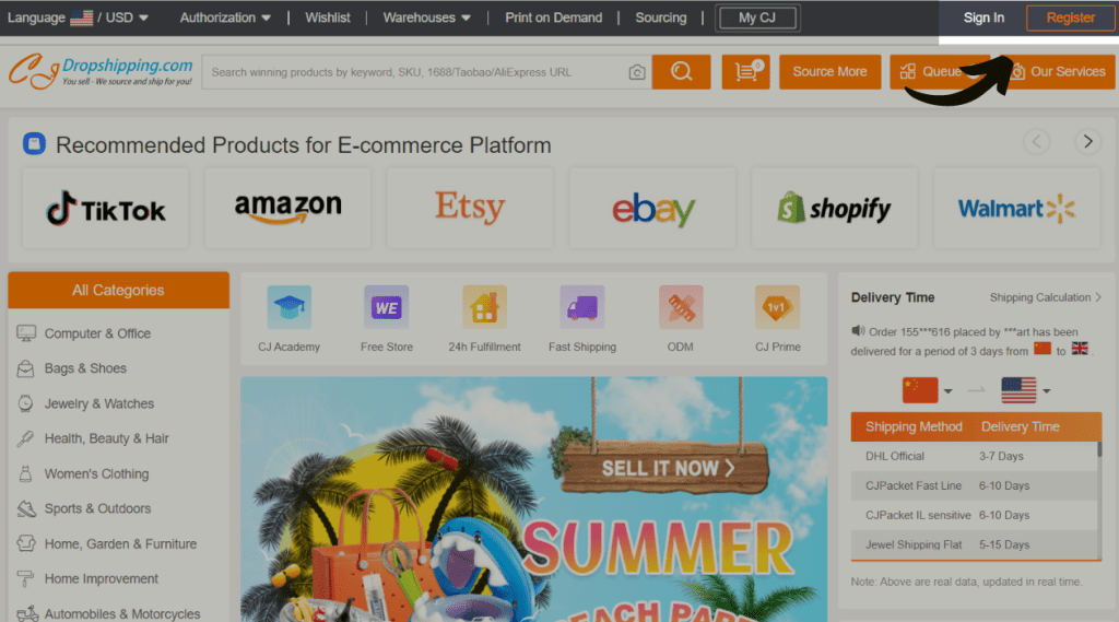 Home page register button of CJDropshipping