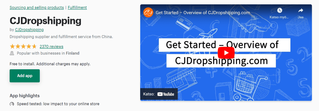 Shopify app store page of CJDropshipping