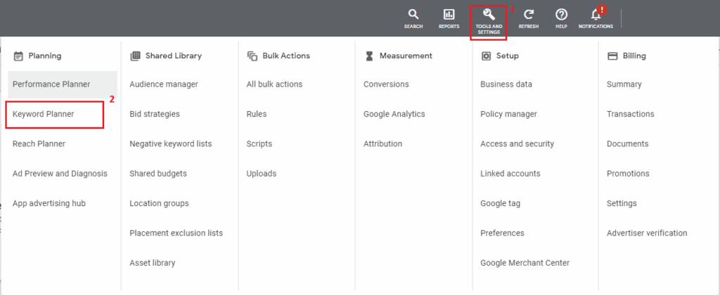 How to access the keyword planner on Google Ads