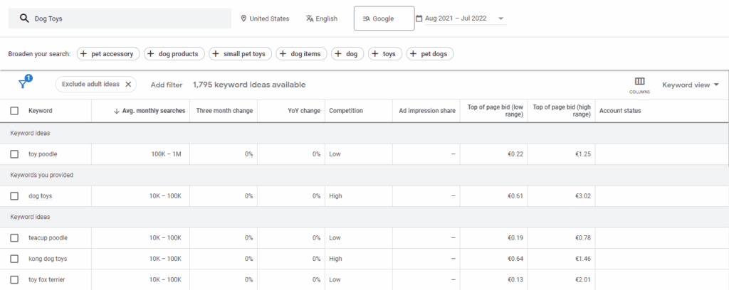 Exploring the keyword planner on Google Ads