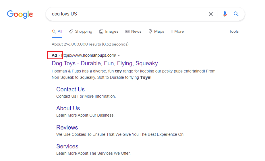 An example of a paid ad on the Google search network