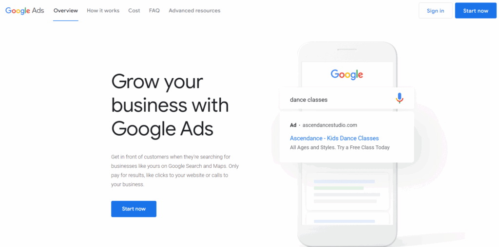 Google Ads homepage