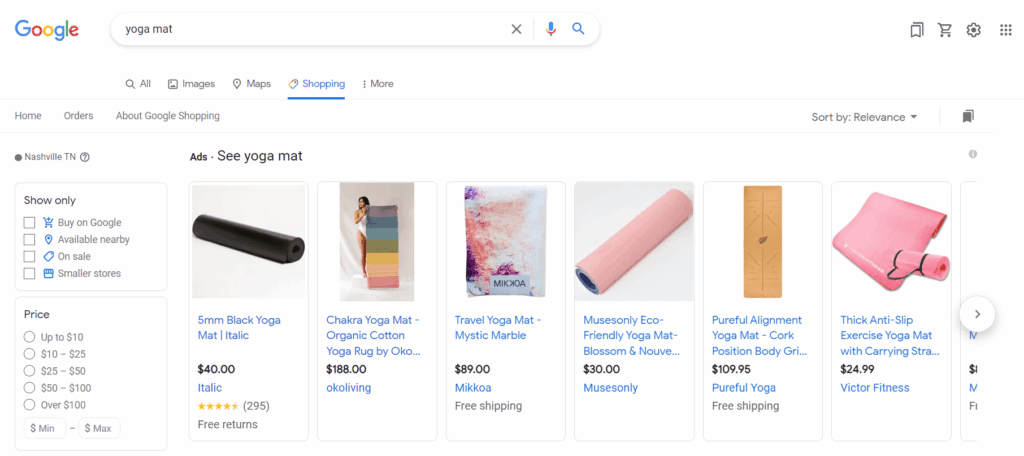 Google Shopping tab example with Yoga Mats