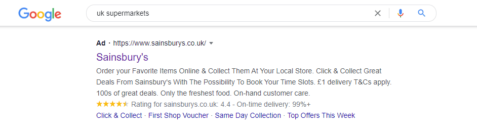 An example of the search term 'UK supermarkets' on Google Ads