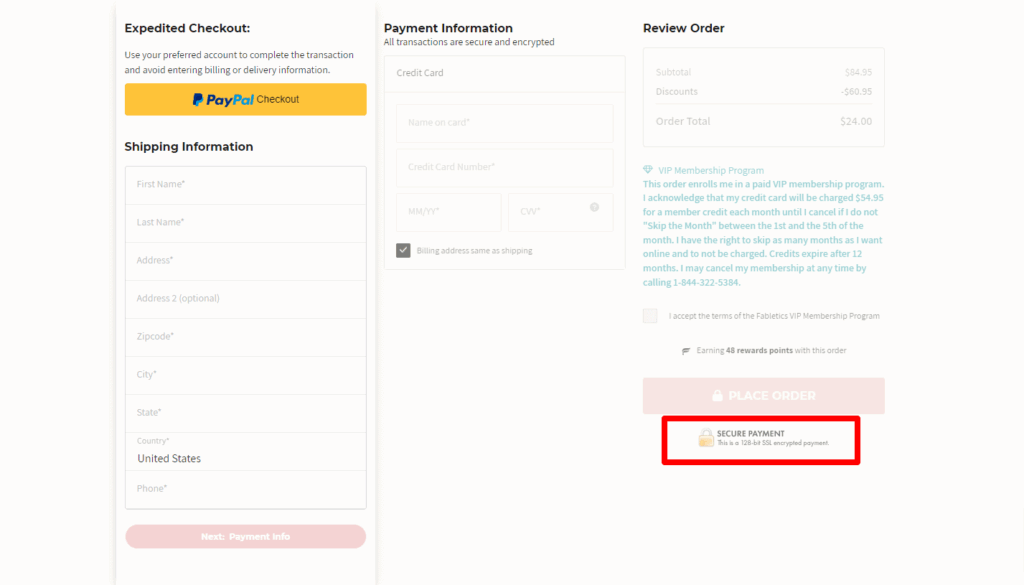 Fabletics secure payment