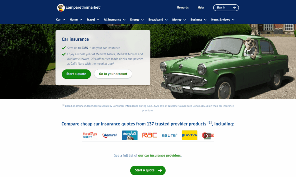 Compare The Market's PPC landing page for car insurance