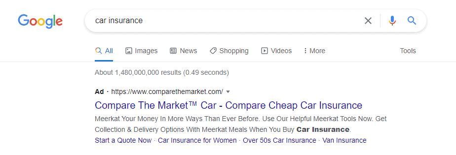 An example of the search term 'car insurance' on Google Ads