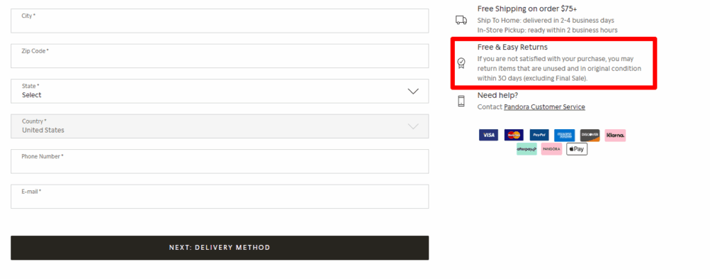 pandora checkout page easy returns