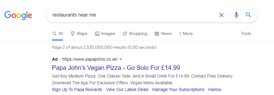 An example of the search term 'restaurants near me' on Google Ads