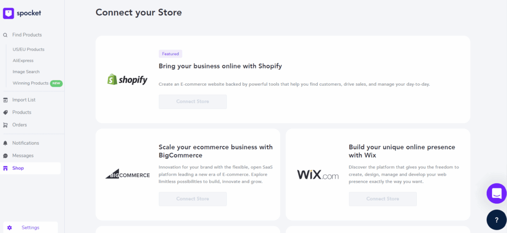 Shop integration page of Spocket