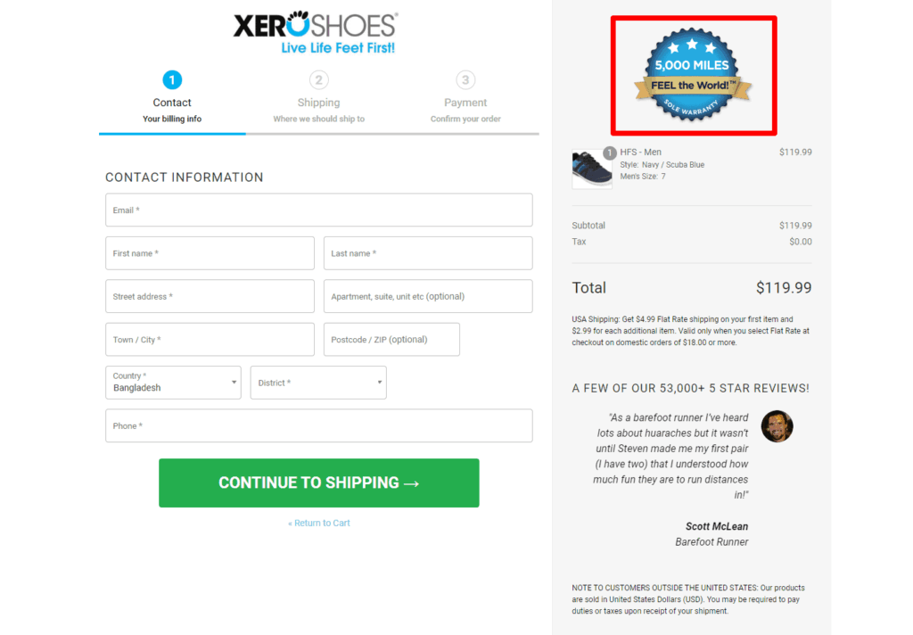 Xero shoe checkout page trust signal