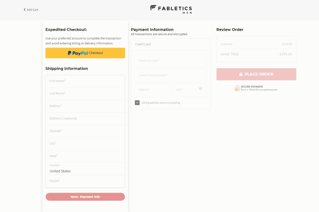 fabletics one page checkout process