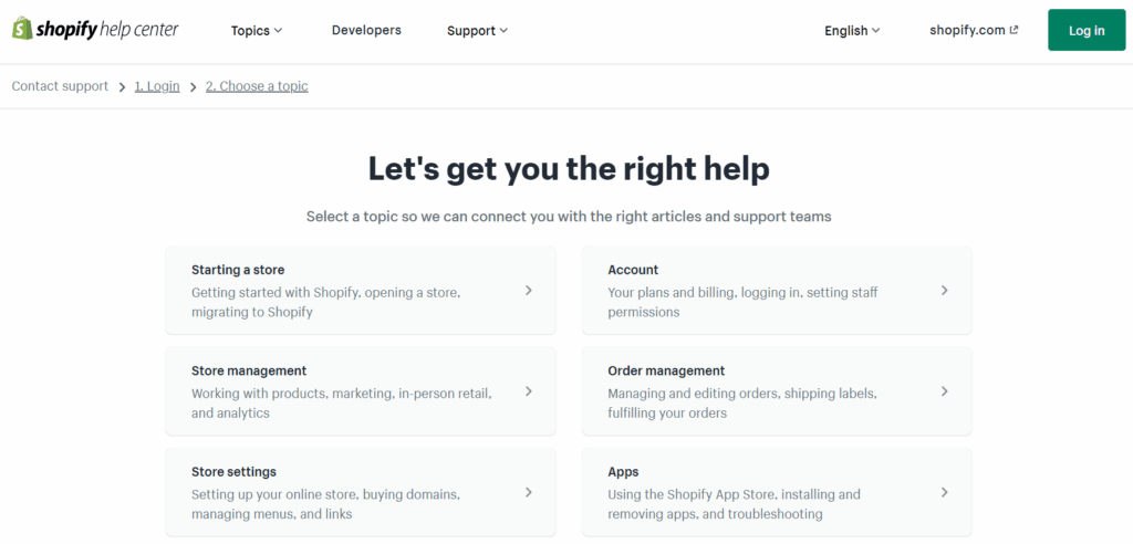 Help center of Shopify
