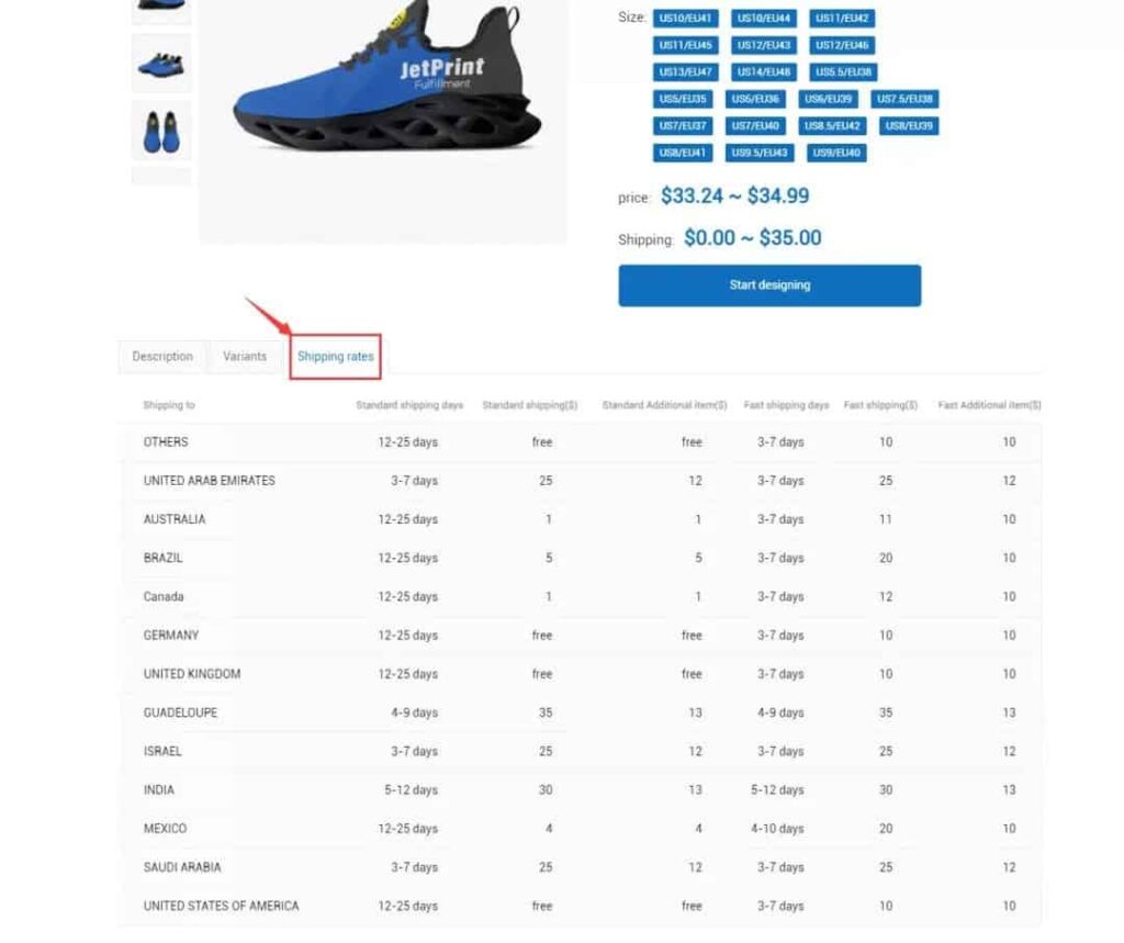 Jetprint shipping rates on their product page