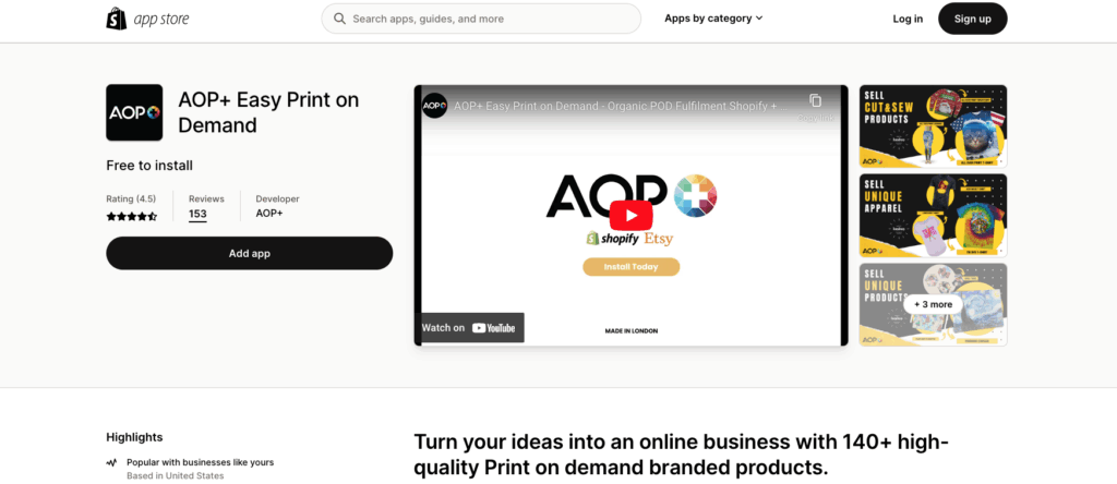 AOP+ Shopify app store page 