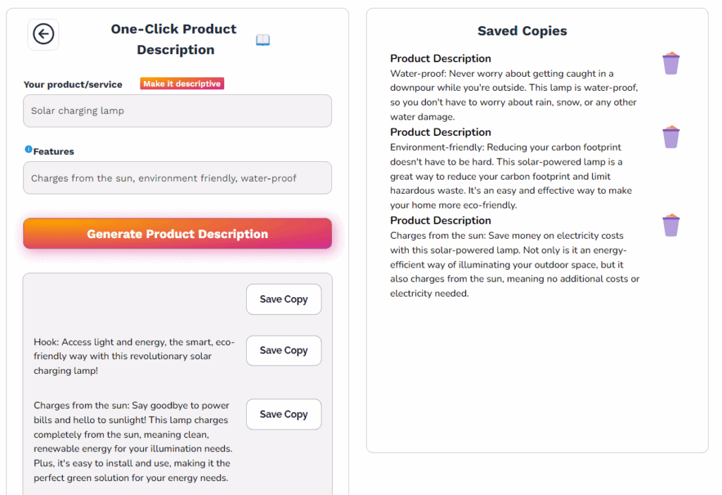 Product description tool of Copywise.ai