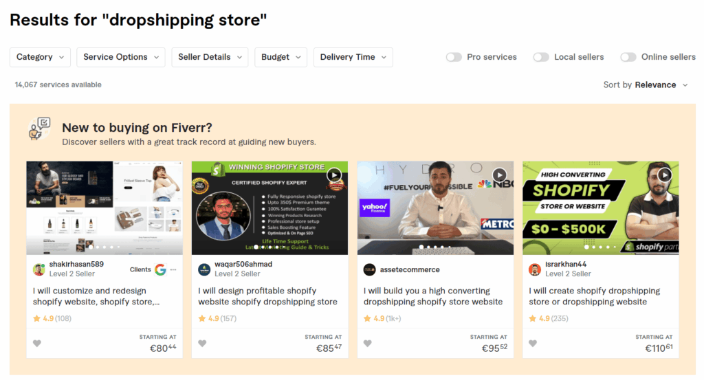 Search result of "dropshipping store" on Fiverr