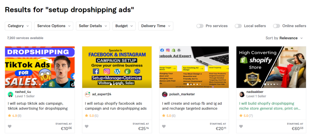 Search result for "Setup dropshipping ads" on Fiverr