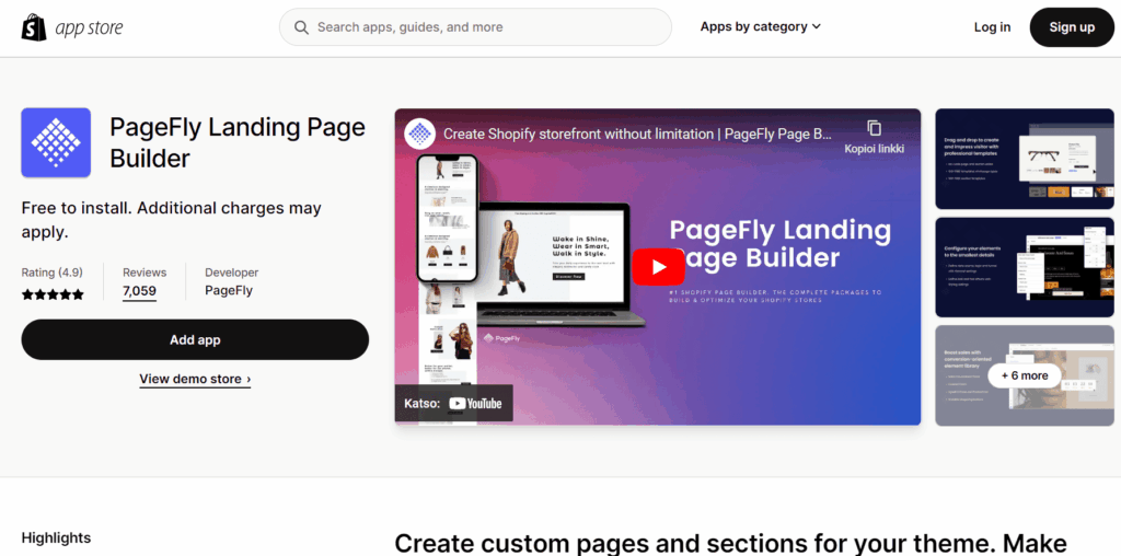 Pagefly app inside of Shopify app store