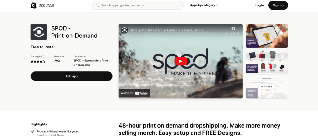 SPOD Shopify app store page 